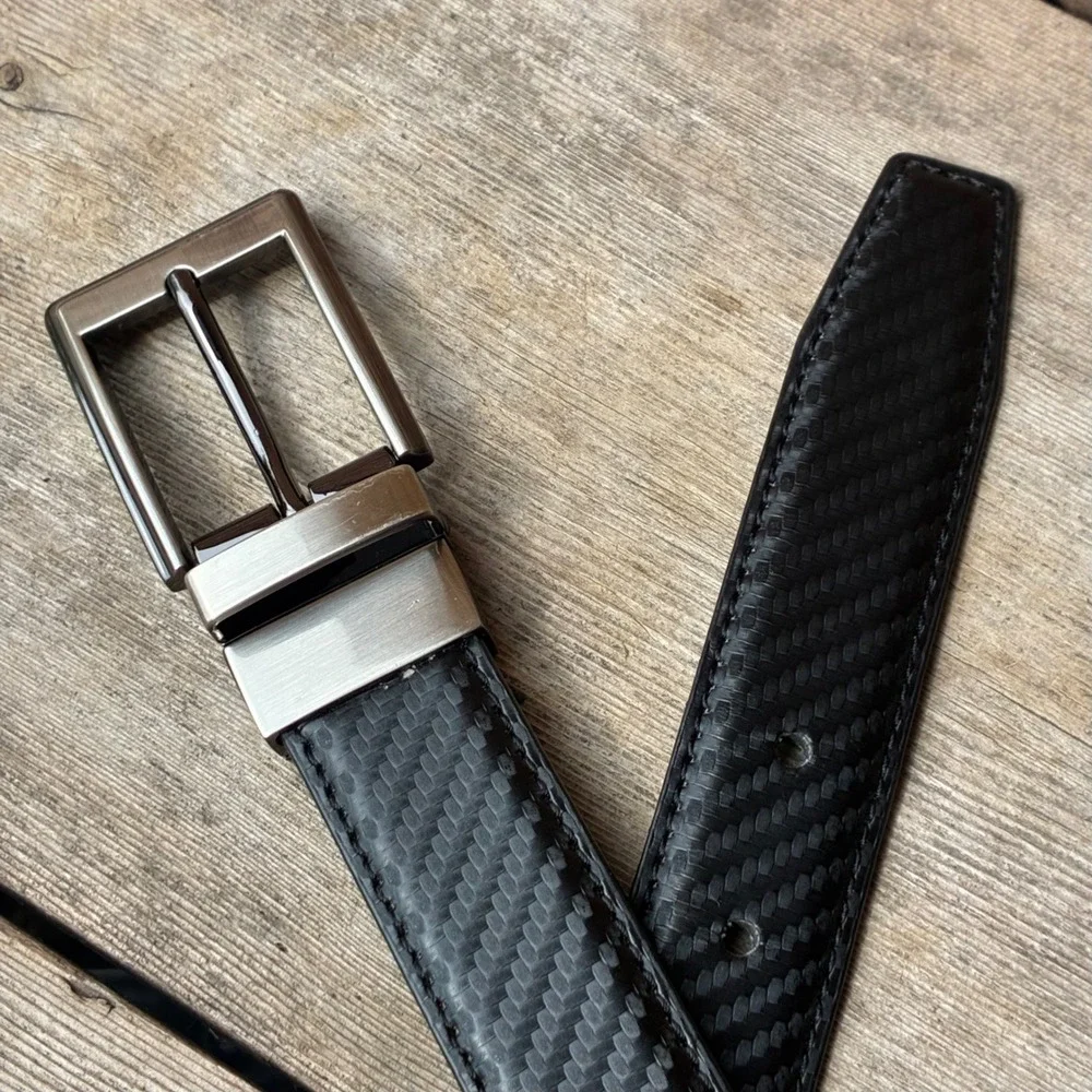 Men's Reversible Belt L 45 Black Carbon Fiber Cognac Brown Gunmetal BucklE
